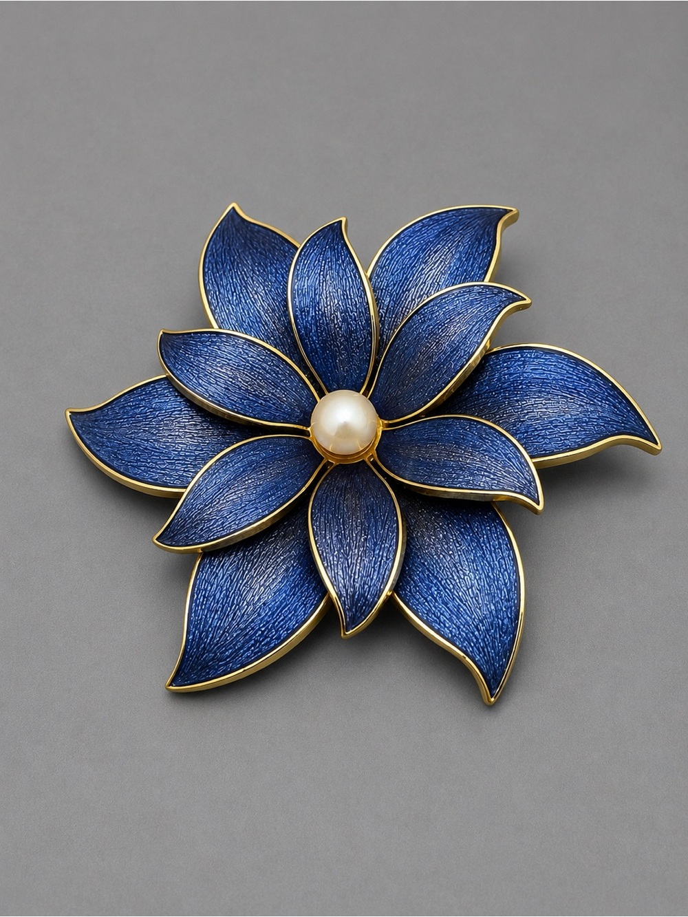 Vintage Blue Floral Enamel Pearl Center Brooch -#cz206